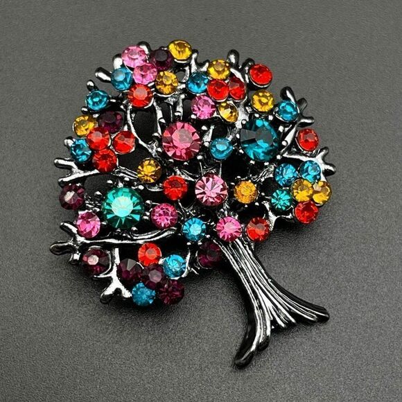 Gunmetal Gray with Multicolored Crystal Blooming Tree Pin Back Brooch - Picture 2 of 9